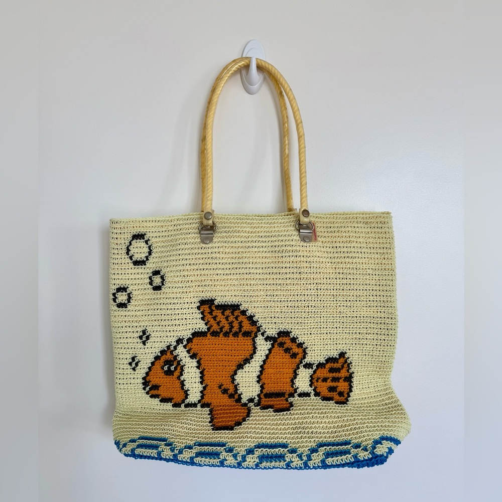 Vintage Handmade Crochet Fish Design Tote Bag - Cream and Orange - Picture 5 of 5